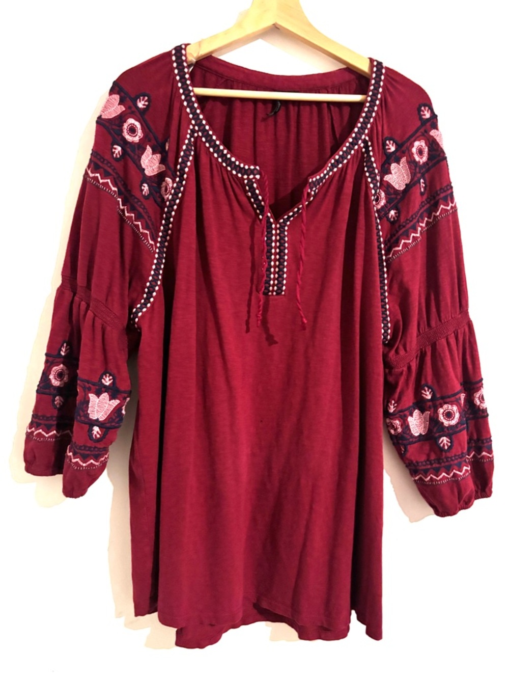 🌺New Direction Size 2X Boho Embroidered Peasant Top - Burgundy, Pink, Navy